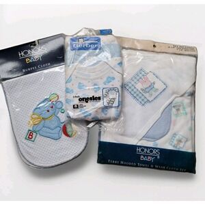 Vintage New Old Stock Baby Boy Bundle - Gerber Onesies, Bunny Towel & Bear Burp